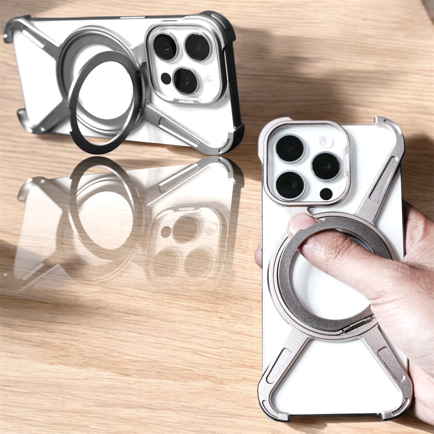 EPIC CASE - Metal Alloy Tiatnium X Shape Bumper Case with Magsafe & Rotating Stand