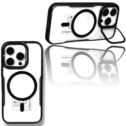 Premium Hybrid Back Cover Case for iPhone Compatible with MagSafe | Built-in Stand | Shockproof side fit for iPhone (Thermoplastic & TPU, transparent Back)